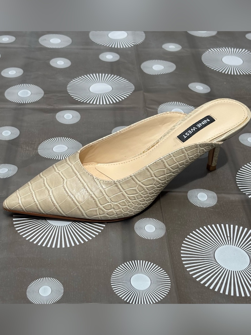Nine West Taupe Croc-Embossed Angle Pointed Toe Slip-On Heeled Mules - Picture 3 of 16